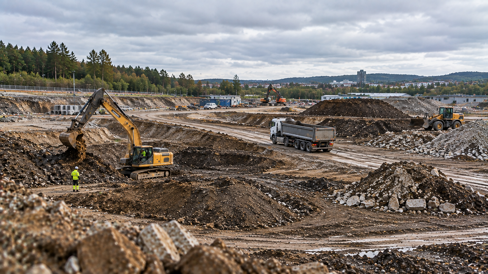 Grävmaskin och lastbil på ett anläggningsområde med stad i bakgrunden
