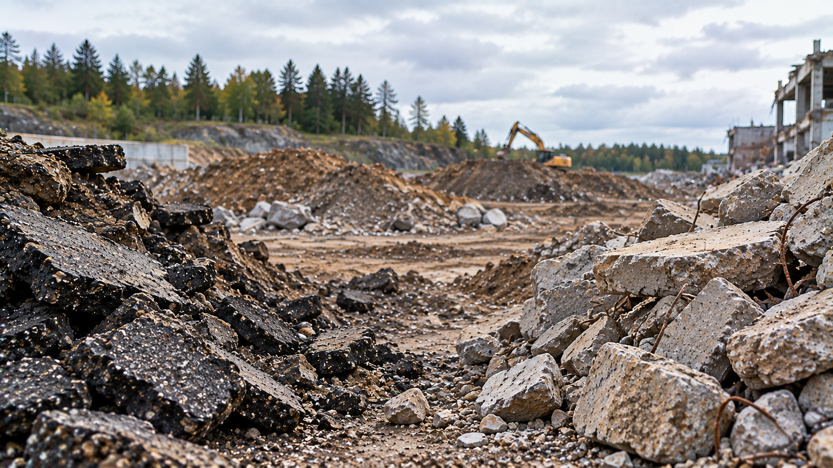 Upplag med asfalt- och betongmassor på ett anläggningsområde
